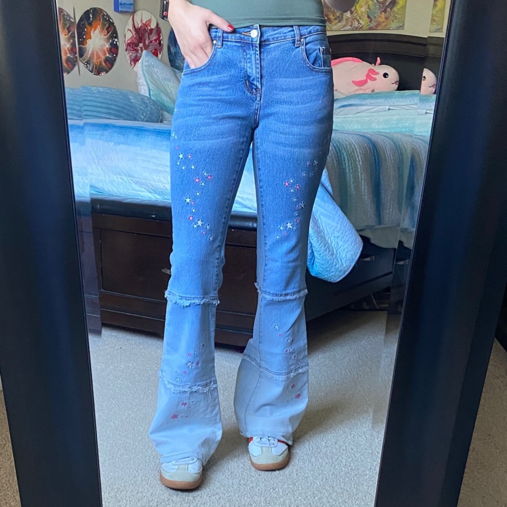 Rare Vintage Y2K Bubblegum USA Light Blue Star Embroidered Flare Bootcut Jeans